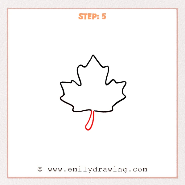 how to draw a fall leaves - Fall leaf drawing with the full outer outline completed and a slim rounded stem added at the bottom center.